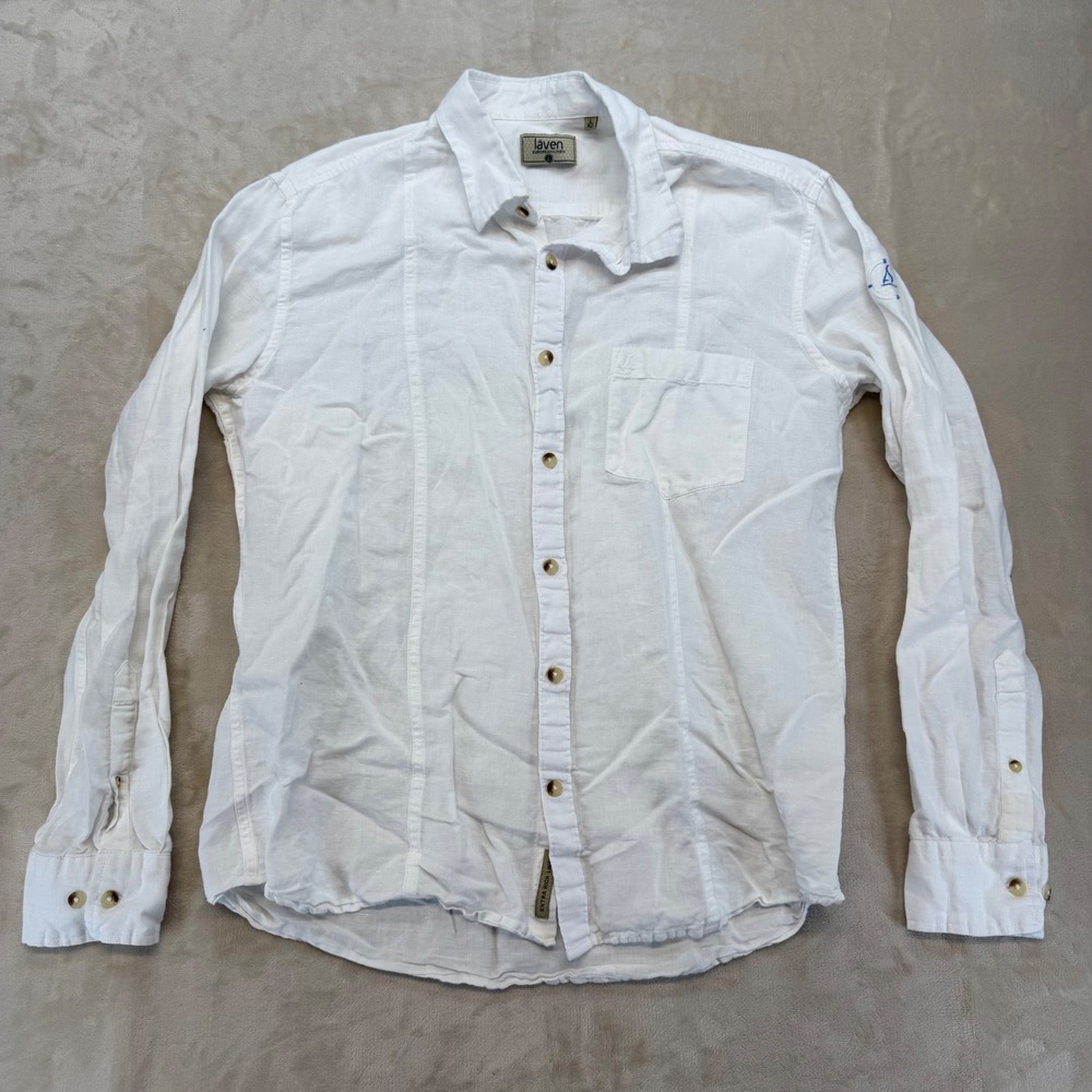 Laven European Linen Shirt Mens L‎ White Excellent Long Sleeve Sailboat Logo